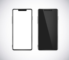 New fron smartphone, phone prototype isolated. Mobile with blank white and black scree. Mockup model.