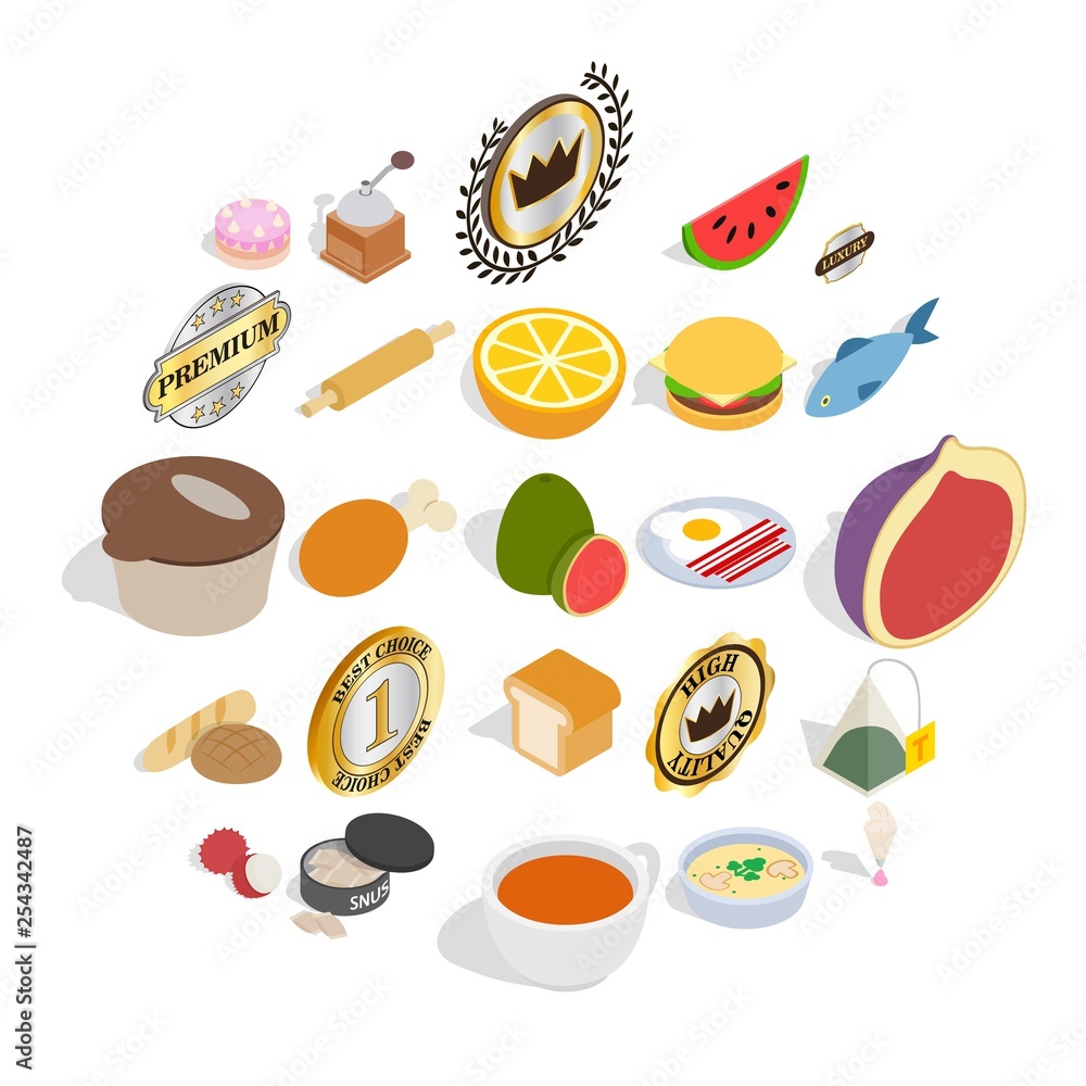 Poster fast food icons set. isometric set of 25 fast food vector icons for web isolated on white background