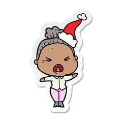 sticker cartoon of a angry old woman wearing santa hat