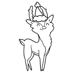 line drawing of a happy stag wearing santa hat