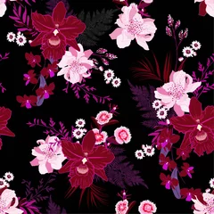 Wallpaper murals Orchidee Tropic exotic,orchid, forest flower in the night  trendy monotine purpke  background with palm leaves and fern . Floral seamless vector pattern. Hand drawn fashion print exclusive summer plant