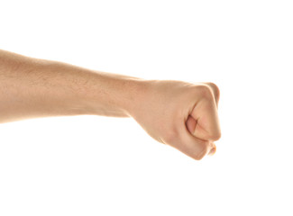 Male hand with clenched fist on white background