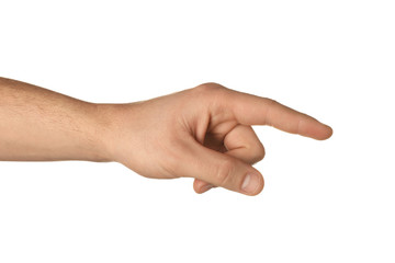 Male hand pointing at something on white background