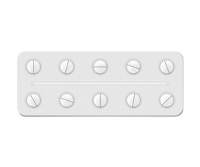Medical pill blister package, realistic mock-up. 10 medicine tablets per pack, vector template
