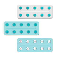 Medical pill blister packages, blue color set. Ten medicine tablets per pack, vector template