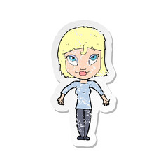 retro distressed sticker of a cartoon girl shrugging shoulders