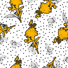 Silhouette flower with hand drawn line of leaves on polka dots seamless pattern vector design for fashion,web,wallpaper,and all prints