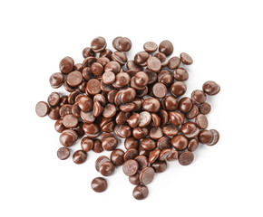 Delicious chocolate chips on white background
