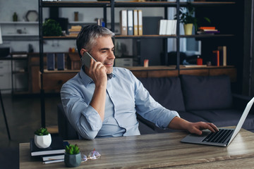 Mature man talking by phone while working on laptop in office