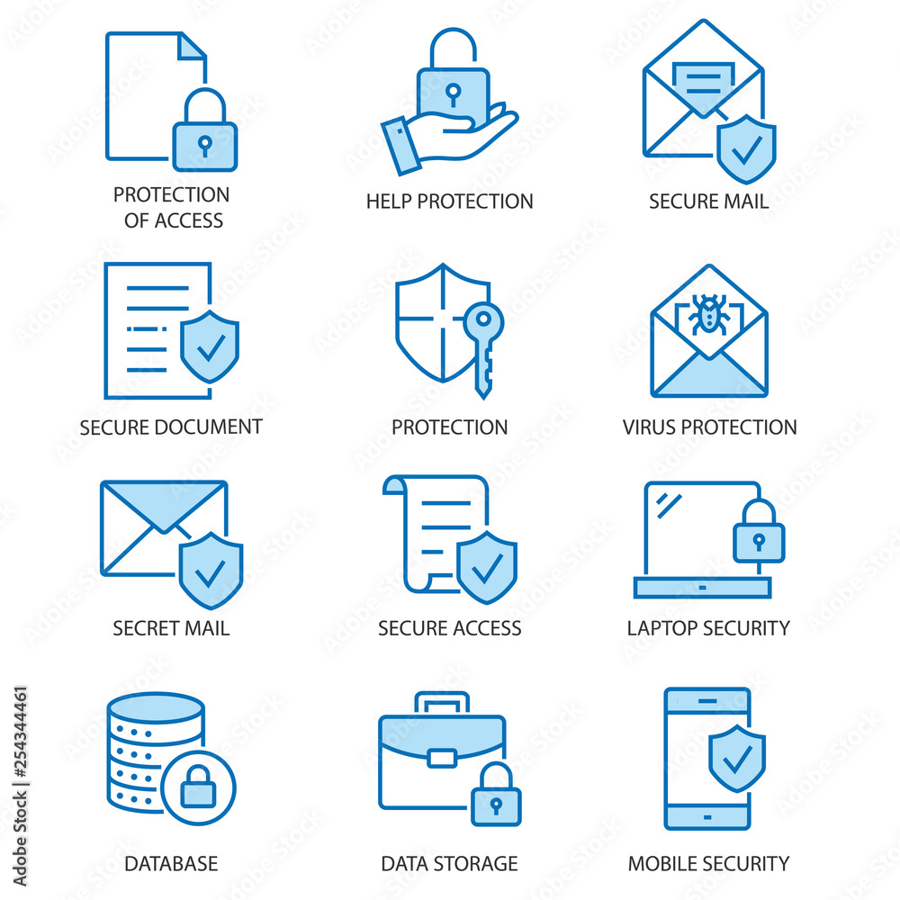 Poster data security flat line icon set. vector illustration. editable stroke.