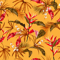 Summer bright Seamless pattern exotic forest tropical night vector with hawaiian plants ,leaves and flowers design for fashion, fabric,web,wallpaper, and all prints