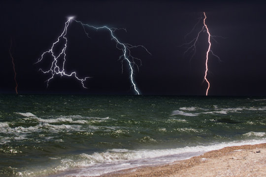 Fantastic view of electric firebolt flashing down towards the ground, climate