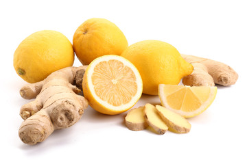 Fresh lemon with ginger on white background