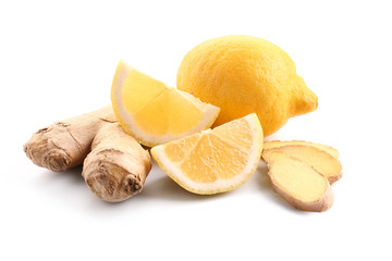 Fresh lemon with ginger on white background