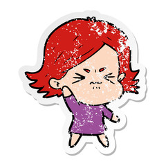 distressed sticker of a cartoon angry girl