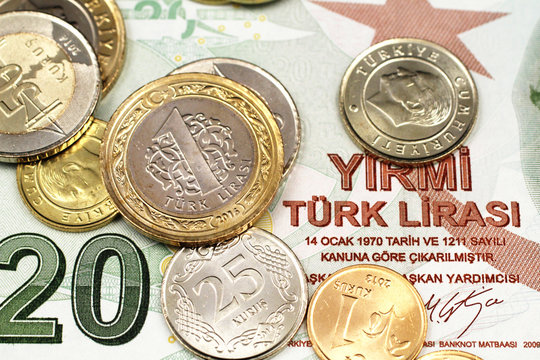 A macro image of an assortment Turkish coins close up on a green, twenty Turkish lira bank note