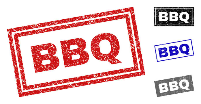 Grunge BBQ rectangle stamp seals isolated on a white background. Rectangular seals with grunge texture in red, blue, black and gray colors.