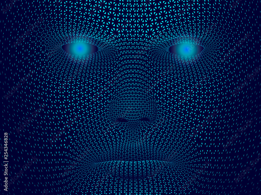 Poster abstract face of a man consisting of small fragments with luminous eyes on a dark background. vector