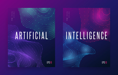 Modern abstract dots lines shape. Gradient wave forms background concept Artificial Intelligence. Small japanese text (translation: &laquo;poster design style&raquo;). Futuristic flyer EPS 10 vector illustration