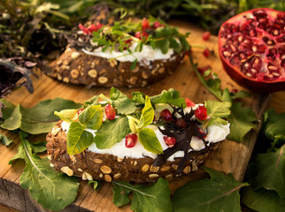 frischkäse mit verschiedenen kräutern, granatapfelkernen und sprossen auf bauernbrotscheibe