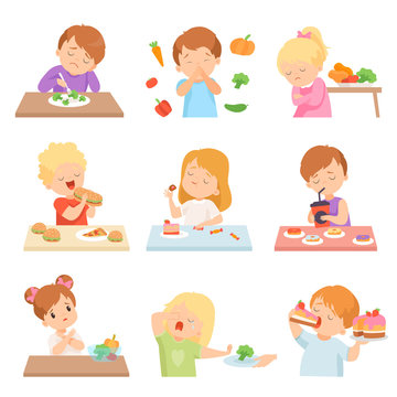 Children Do Not Like Vegetables Set, Kids Enjoying Eating of Fast Food and Sweets Vector Illustration