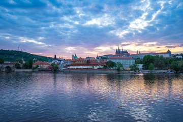 Prague old town city skyline at sunset in Czech Republic