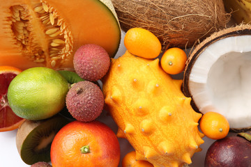 Assortment of tasty exotic fruits, closeup