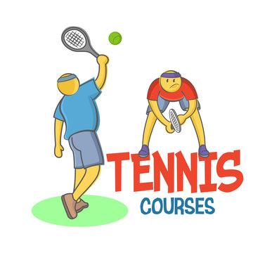Two funny vector doodle characters playing tennis isolated on white background, Design for tennis academy, school, courses, club, print,  emblem, t-shirt, party decoration, logotype, etc.
