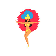 Beautiful Smiling Girl in Colorful Festival Costume, Brazilian Samba Dancer, Rio de Janeiro Carnival Vector Illustration
