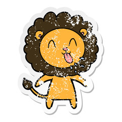 distressed sticker of a happy cartoon lion