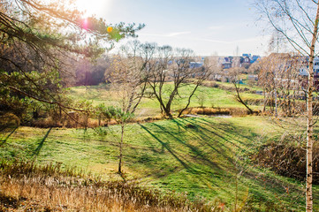 Fototapeta premium a field with green grass and long shadows with the sun on the background