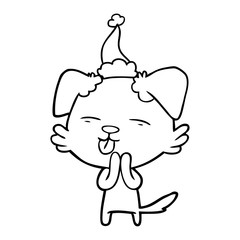 line drawing of a dog sticking out tongue wearing santa hat
