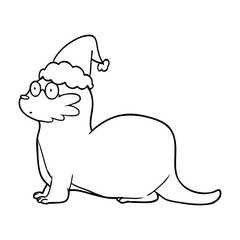 line drawing of a otter wearing santa hat