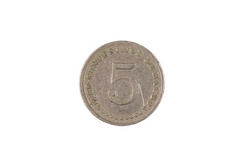 A close up image of a Panamanian five centimes coin isolated on a white background