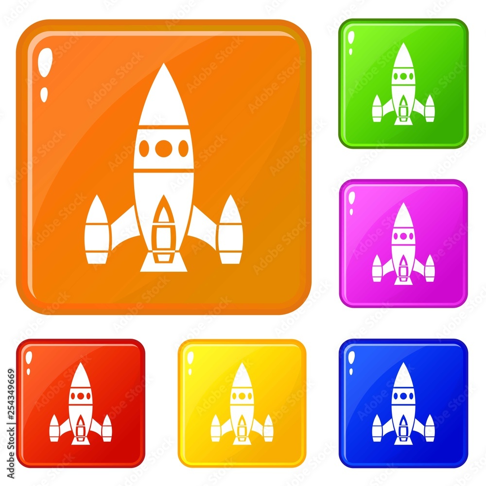 Poster rocket ship icons set collection vector 6 color isolated on white background