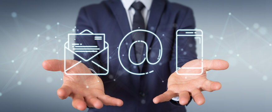Businessman using thin line contact icon