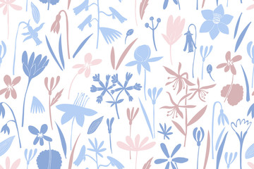 Spring flowers colour seamless vector pattern. Scandinavian style print. Hand drawn illustrations