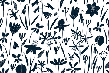 Spring flowers seamless vector pattern. Scandinavian style print. Hand drawn illustrations