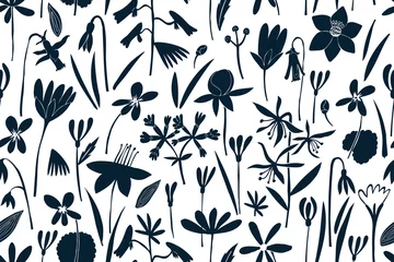 Deurstickers Scandinavische stijl Lente bloemen naadloze vector patroon. Print in Scandinavische stijl. Handgetekende illustraties