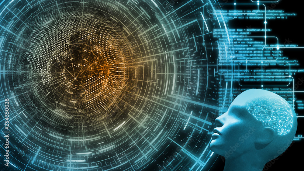 Poster 3d rendering of cybernetic brain human cyborg's head looking at dotted globe with wired network and 