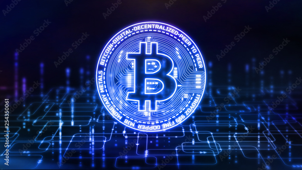 Poster 3d rendering of bitcoin (btc) on abstract computer software programming flow chart background. for c