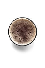 Glass of fresh beer on white background, top view