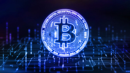 3D Rendering of Bitcoin (BTC) on abstract computer software programming flow chart background. For crypto currency market, coin mining, trading, web banner, news headline and advertisement.