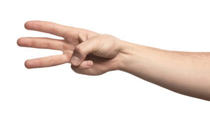 Male hand showing three fingers on white background