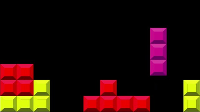 Animation cartoon flat style of colorful tetris bricks going down and fitting together. Alpha channel included