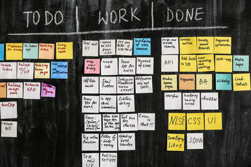 Scrum task board on dark wall in office