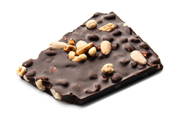 Tasty dark chocolate with nuts on white background