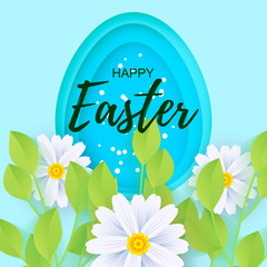 Happy Easter greeting card. Paper cut egg shape with shadow on blue background. Vector illustration.