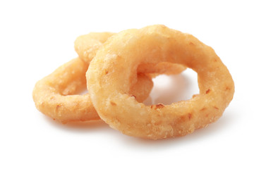 Tasty onion rings on white background