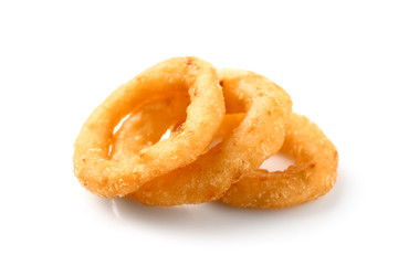 Tasty onion rings on white background